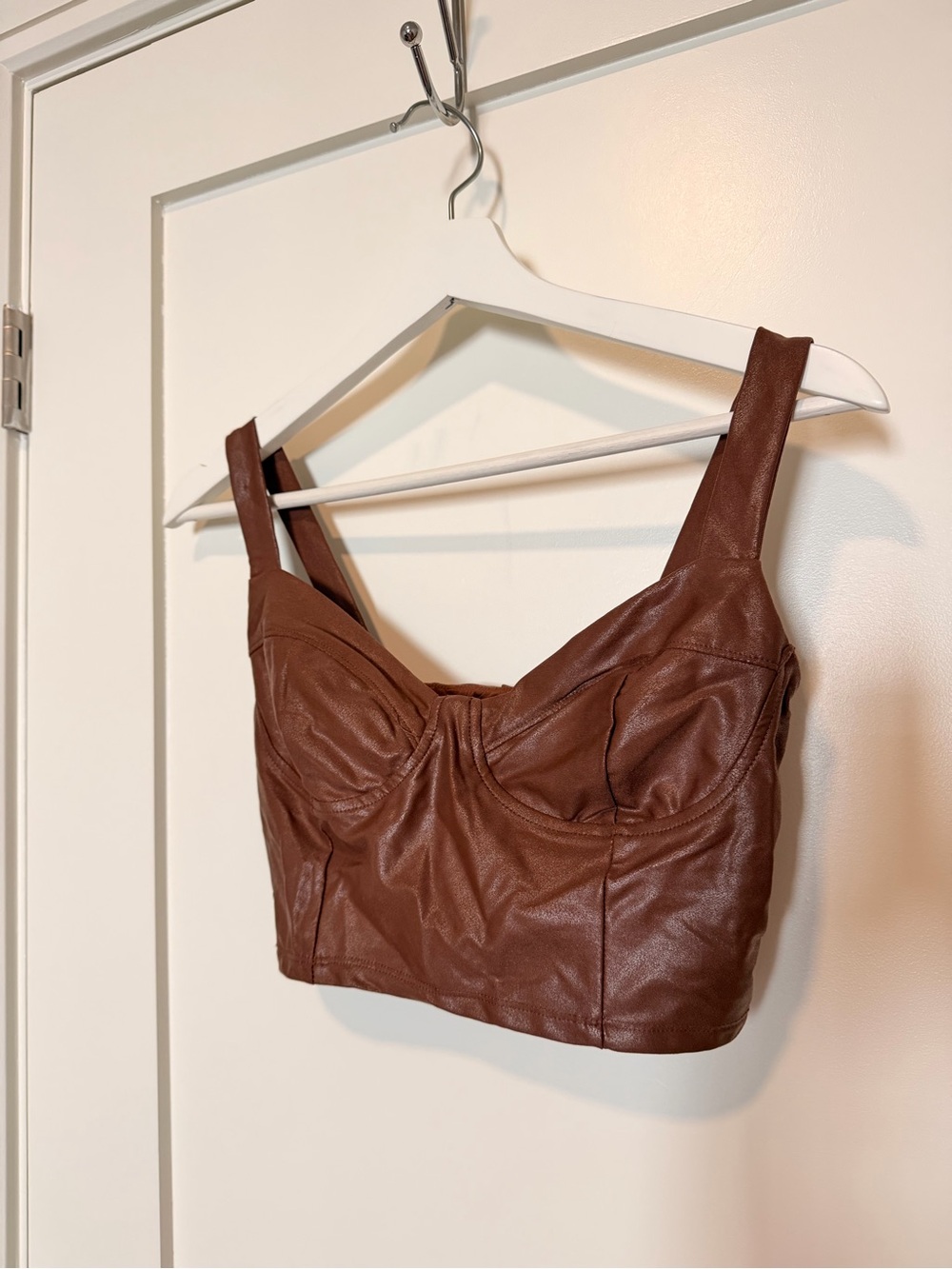 naked wardrobe Brown Leather Looking Soft Fabric Bustier Crop Top